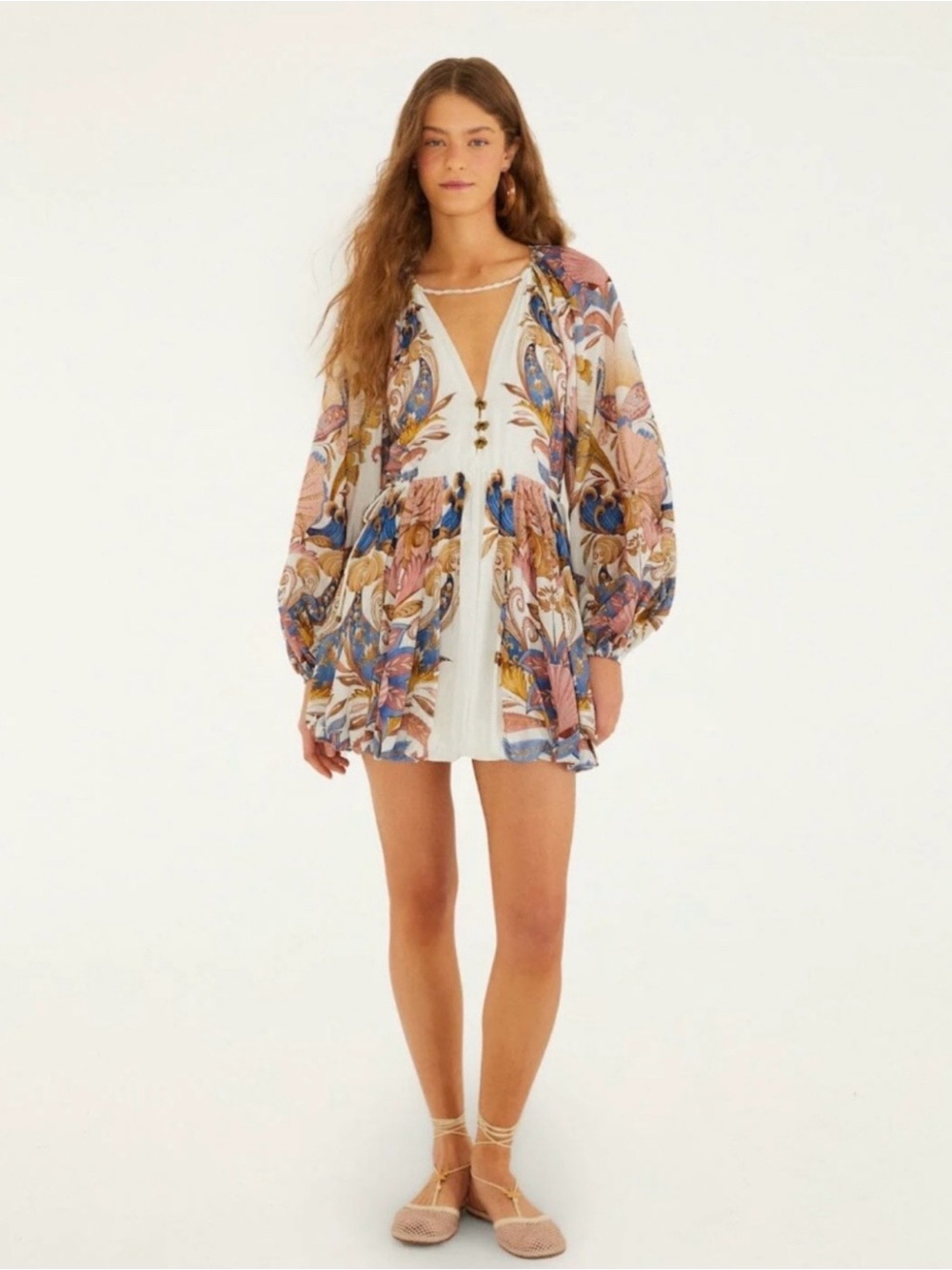 Anthropologie FARM Rio Sea Garden Off White Mini Bubble Dress Bohemian v-neck